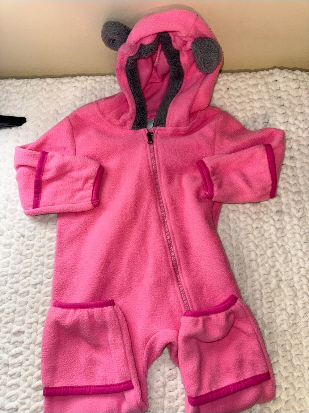 Girls' Pink Fleece Hooded One-Piece with Ear Details